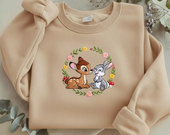 Bambi and Thumper Embroidered Sweatshirt, Disney Bambi Flower Wreath Shirt, Cute Forest Friends Crewneck, Deer Gift Y-14012619
