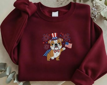 Patriotic Bulldog Embroidered Sweatshirt, 2026 USA 250th Anniversary Gift, American Flag Bulldog Crewneck, Independence Day Top Y-03022640