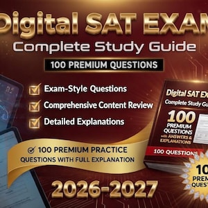 May include: Image of a study guide for the Digital SAT Exam. The cover of the book reads "Digital SAT EXAM Complete Study Guide" with "100 PREMIUM QUESTIONS". Additional text includes "Exam-Style Questions", "Comprehensive Content Review", and "Detailed Explanations". The image also includes the years "2026-2027".