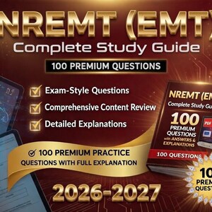 May include: A study guide for the NREMT (EMT) exam, featuring the title "Complete Study Guide" in gold lettering. The image includes a book, tablets, and text highlighting 100 premium questions and practice materials for 2026-2027.