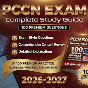 Può includere: Immagine di una guida allo studio intitolata "PCCN EXAM Complete Study Guide" con "100 Domande Premium". La copertina presenta un monitor di computer e un grafico a forma di cuore. Il testo aggiuntivo include "Domande in stile esame", "Revisione completa dei contenuti" e "Spiegazioni dettagliate."