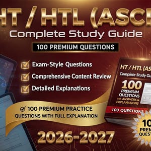 May include: Image of a study guide for HT/HTL (ASCP) certification. The cover of the book is brown with gold lettering and the text "100 Premium Questions". The image also includes a tablet and a gold banner with the text "2026-2027".