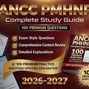 Könnte beinhalten: Ein Buch mit dem Titel "ANCC PMHNP Complete Study Guide" mit "100 Premium Fragen". Das Cover zeigt Text und einen goldenen Stern. Das Bild enthält auch Tablets mit Diagrammen und Text sowie ein Banner mit der Aufschrift "100 Premium Übungsfragen".