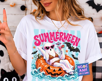 Summerween Ghost png, preppy zwembadvlotter Halloween-ontwerp, schattige spookachtige zomersublimatie digitale download