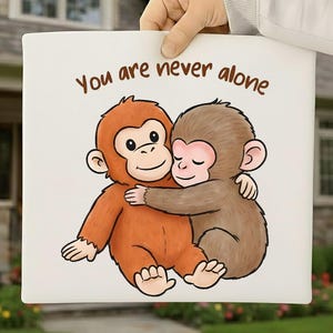 May include: A white square featuring a cartoon of two embracing monkeys. One is orange, the other brown. The text "You are never alone" is written in brown script above the monkeys.