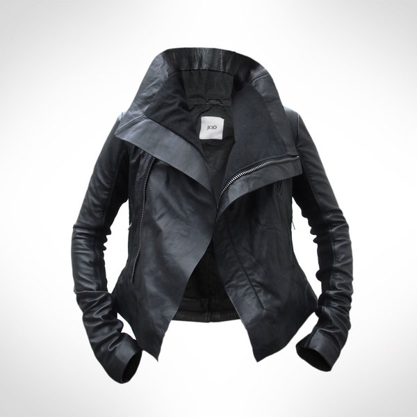 Womens Black Leather Biker Jacket by J.O.D UK8 / USA 4