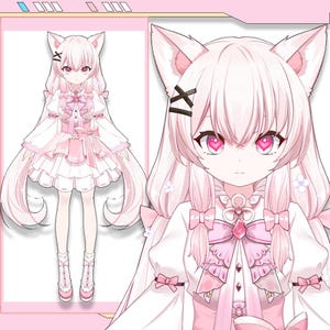 以下が含まれることがあります： 猫耳と長い、流れるような薄いピンク色の髪を持つキャラクターのデジタルイラスト。キャラクターは、リボンとペンダントが付いた白とピンクのドレスを着ています。目はピンク色で、ハート型の瞳孔をしています。全体的な美学は可愛らしく、アニメにインスパイアされています。