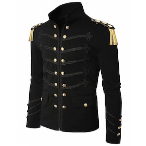 May include: Black military-style jacket with gold buttons and decorative trim. The jacket has a high collar, epaulettes, and multiple rows of buttons down the front. The sleeves have button details at the cuffs. A unique and stylish garment.