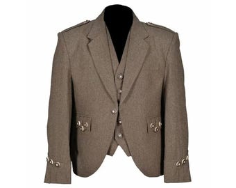 Conjunto de chaqueta y chaleco para falda escocesa Argyll marrón – Vestido tradicional escocés de lana sarga