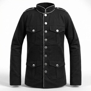 May include: Black jacket with a mandarin collar, silver buttons, and four front pockets. The jacket has white piping along the collar, button line, and pockets. A classic, tailored design.