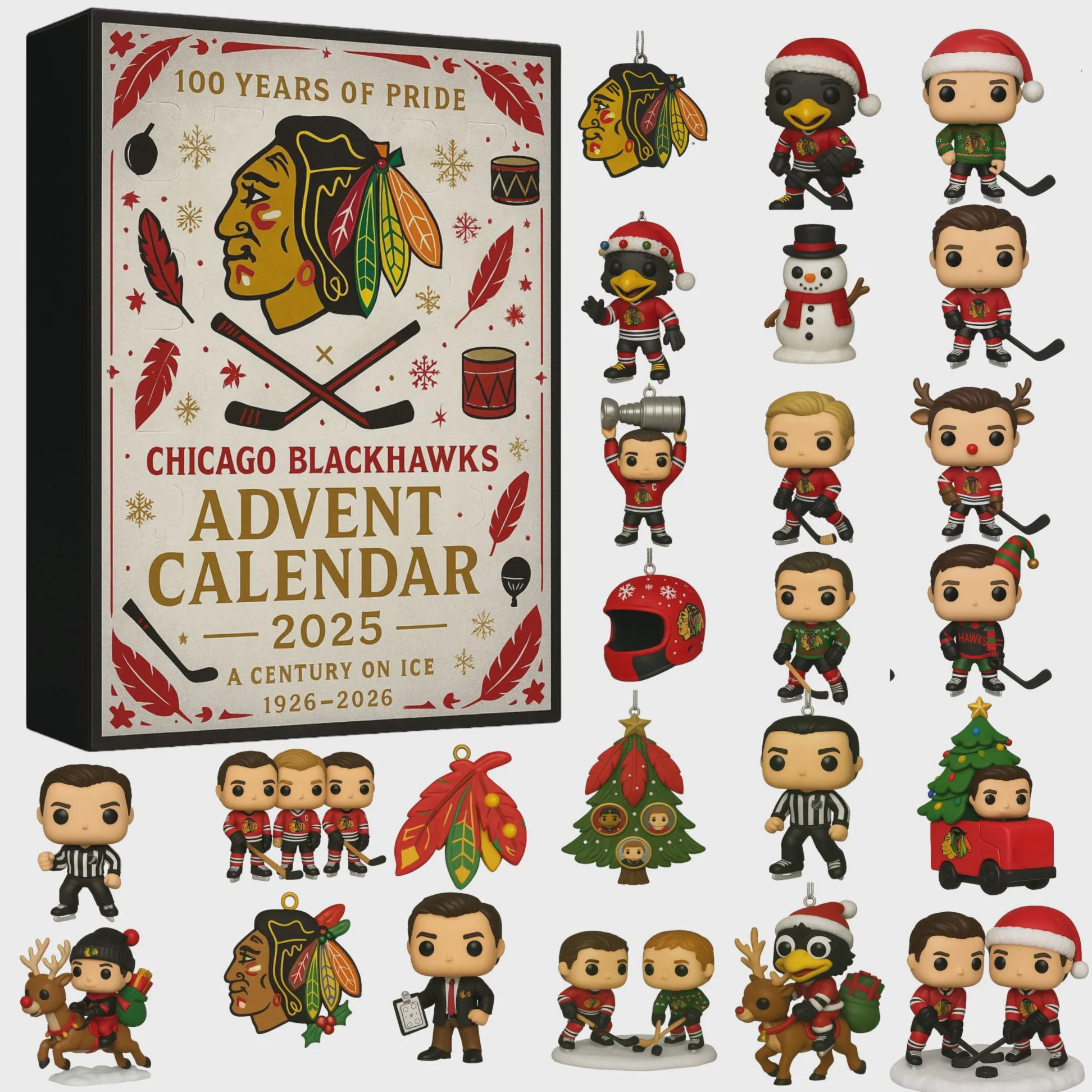 Discover Chicago Blackhawks Advent Calendar 2025, 100 Years On Ice Merch, Indian Head Ornament Set, Christmas Gift for Hockey Fan