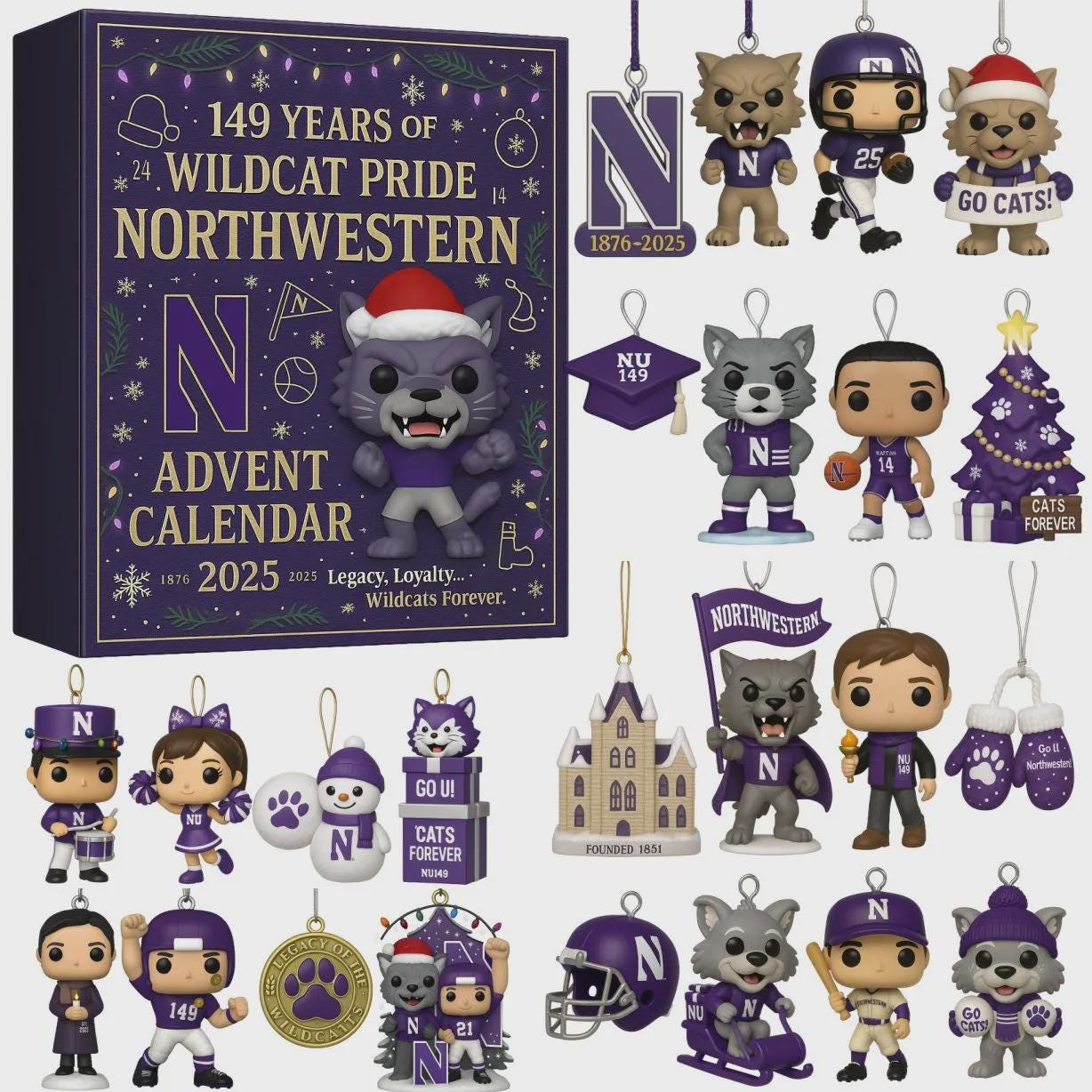 Discover Northwestern Wildcats Advent Calendar 2025, 149 Years of Wildcat Pride Ornament Set, College Sports Gift for Alumni and Students