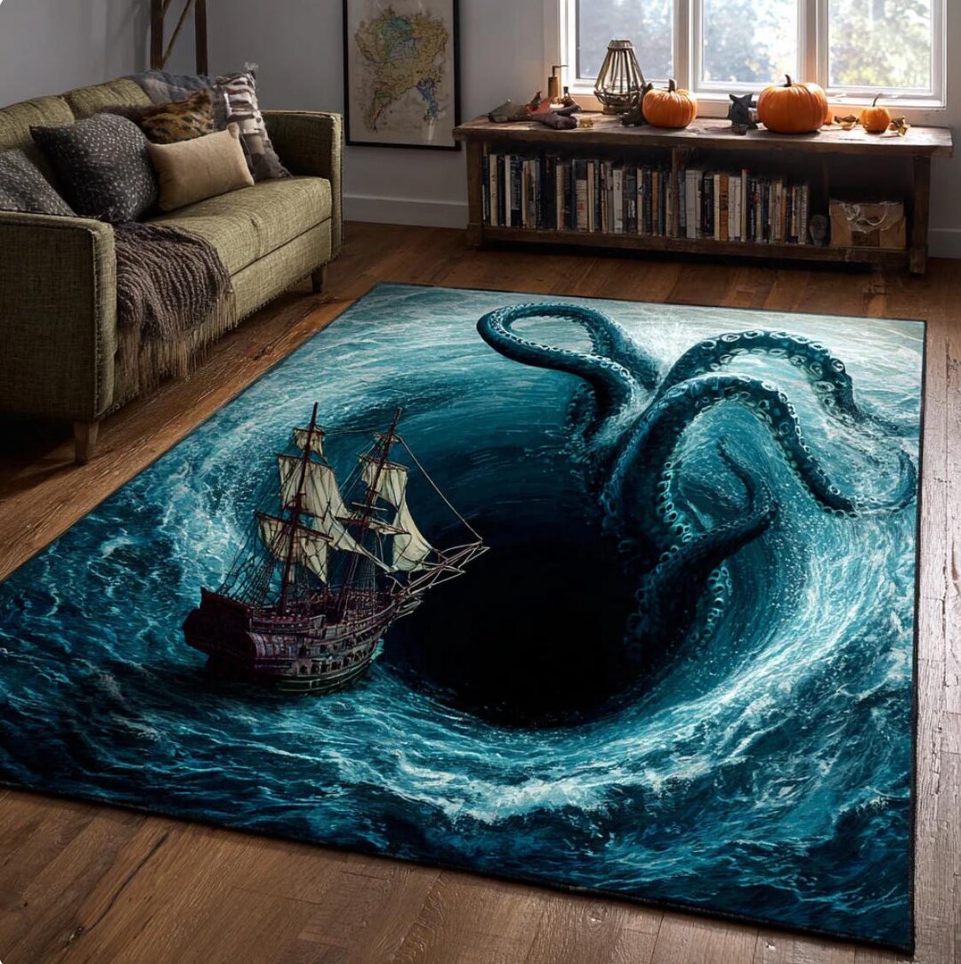 Kraken Sea Monster Rug – Pirate Ship Ocean Carpet, Dark Fantasy Floor ...