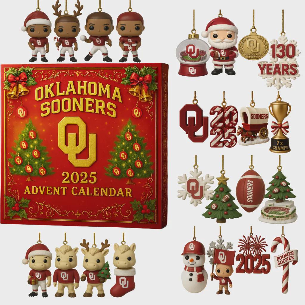 Discover Oklahoma Sooners Advent Calendar 2025, OU Football Christmas Merch, Boomer Sooner NCAA Ornament Gift Set for Him Dad