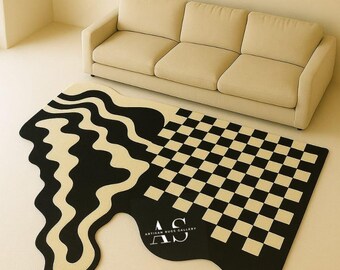 Alfombra abstracta en color crema y negro con diseño ondulado y cuadros, hecha a mano, de ARTISANRUGSGALLERY