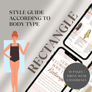 Puede incluir: Una guía de estilo en un teléfono, centrada en la forma del cuerpo "Rectángulo". La guía se titula "Style Guide According to Body Type". También hay una ilustración de una mujer con un traje de baño negro. El teléfono también muestra "19 Pages | Dress With Confidence."
