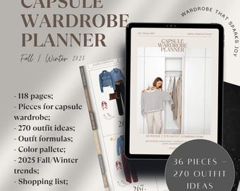 Guía de armario cápsula (libro electrónico) con 270 ideas de conjuntos. Planificador de estilo de moda imprimible (PDF).
