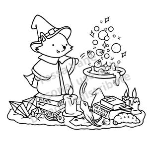 May include: A black and white illustration of a fox in a witch's hat and robe, stirring a cauldron. Books labelled "PLANTS" and "THE POTION GRIMOIRE" are present, alongside candles, crystals, and other magical items.
