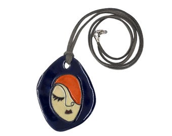 Abstract Woman Face Enamel Necklace