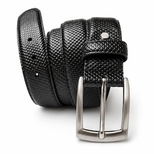 Peut inclure: Une ceinture noire dotée d'une texture en relief rappelant la peau de serpent sur toute la longueur. Elle est équipée d'une boucle rectangulaire en métal argenté brossé, d'un passant assorti et d'une série de trous perforés à l'extrémité.