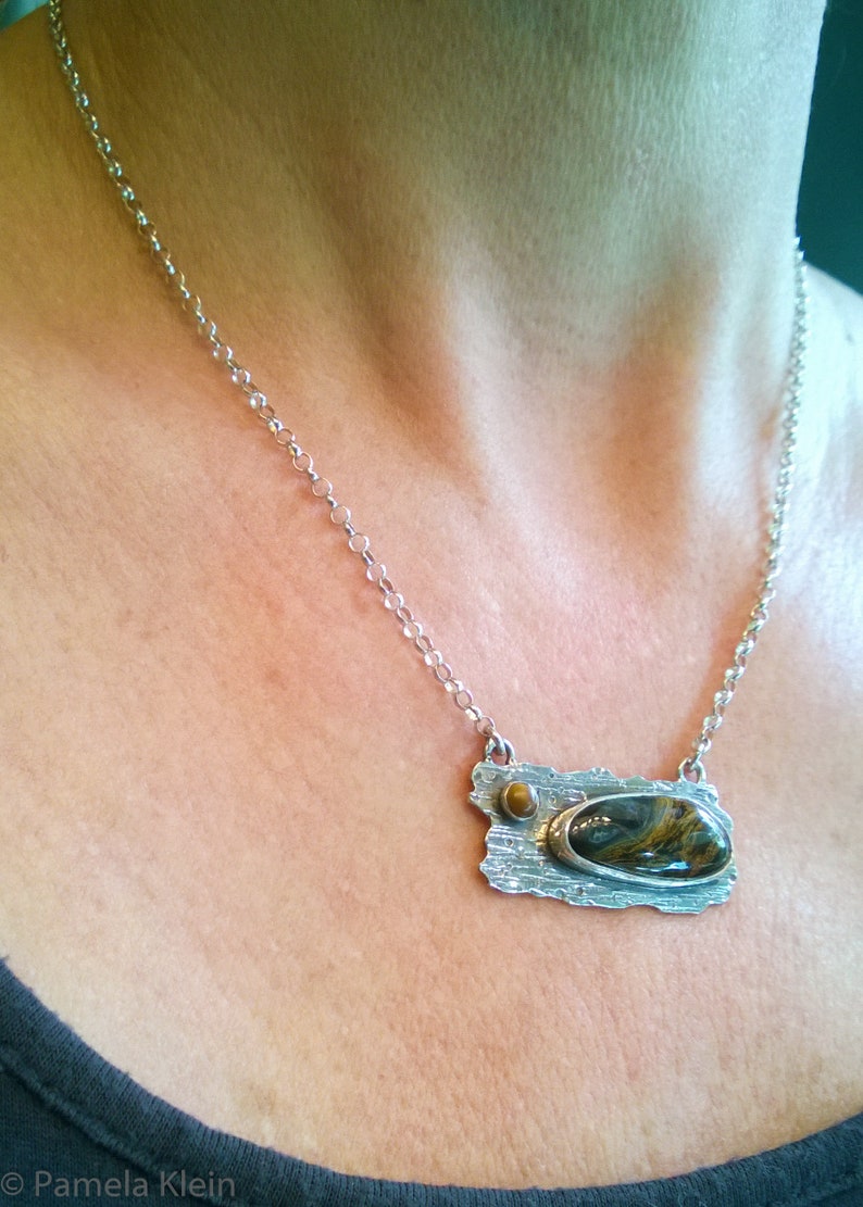 Pietersite and Tiger Eye Wood Grain Pendant with Chain