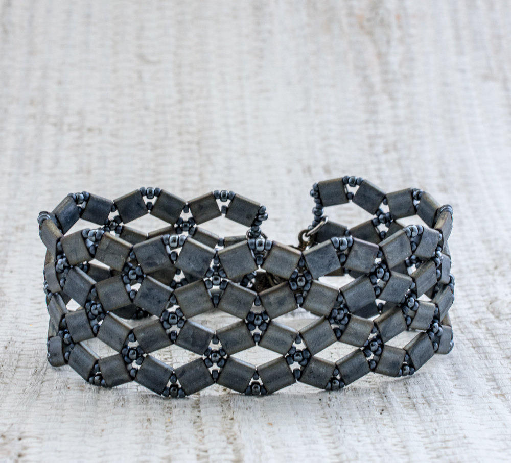 Bracelet Two Hole Tila Beads in Shades of Gray & Silver B345 