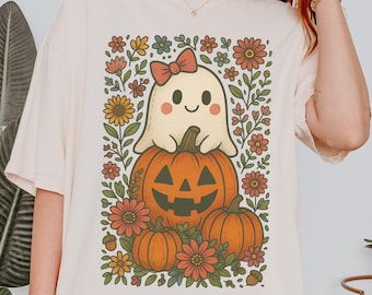 Camiseta floral fantasma de Halloween | Camiseta aconchegante retrô com fantasma e abóbora para Halloween, camiseta de outono, presente de gostosuras ou travessuras