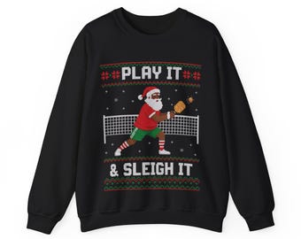 Pickleball Ugly Christmas Sweatshirt (Customer Request), Funny Pickleball Christmas Sweater, Black Santa Pickleball Jumper, Pickleball Gift
