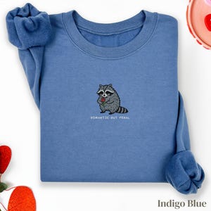 Può includere: Felpa blu indaco con un procione dei cartoni animati che tiene in mano una rosa rossa. Il procione ha una coda a strisce grigie e nere e le parole "Romantic But Feral" sono ricamate. Le maniche sono arrotolate.