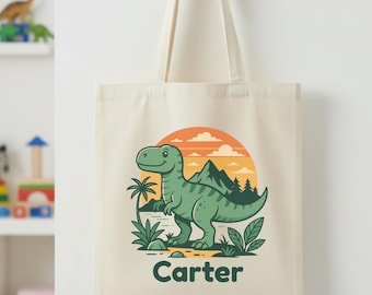 Personalisierte Kinderbibliothek Tasche mit Namen, Dinosaurier Tasche, Canvas Büchertasche für Schule, Kindergarten, Lesezeit & Goodie Bags, Geschenk für Kinder