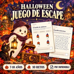 Puede incluir: Un juego de escape de Halloween en PDF imprimible con un fantasma con sombrero de detective sosteniendo un farol, un gato negro y un cofre del tesoro. Dos páginas muestran un acertijo de calabazas y un laberinto llamado El pasillo misterioso.