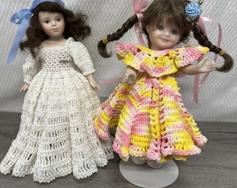 Set 2 Vintage Small All Porcelain 4" Doll With Handmade Crochet Dresses Stands