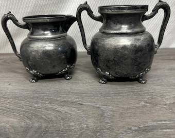 Vintage Benedic7 Quadruple Plate 369 Silver USA Floral Creamer & Sugar