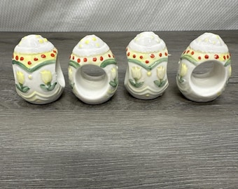 Vintage Ceramic Easter Egg Napkin Rings Red, Yellow, Green Set Of 4 Ceramic