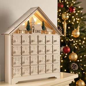 Wooden LED House Advent Calendar | 24 Day Christmas Countdown Box | Handmade European Style Holiday Decor |Wooden Calendar | H14Y