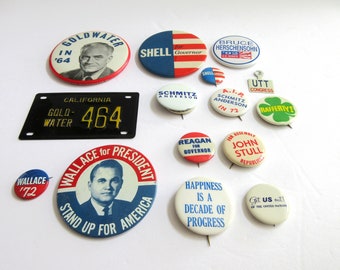 Political Campaign Buttons Goldwater Wallace Reagan Schmitz and more SEE Photos