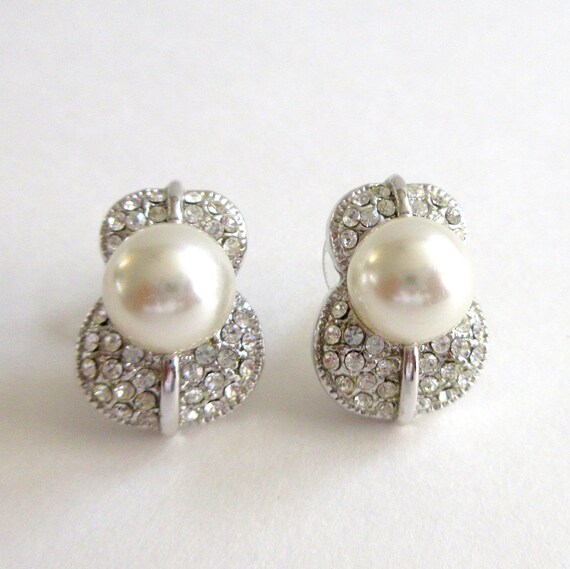 Earrings Silver Tone Crystal Rhinestones and Pear… - image 1