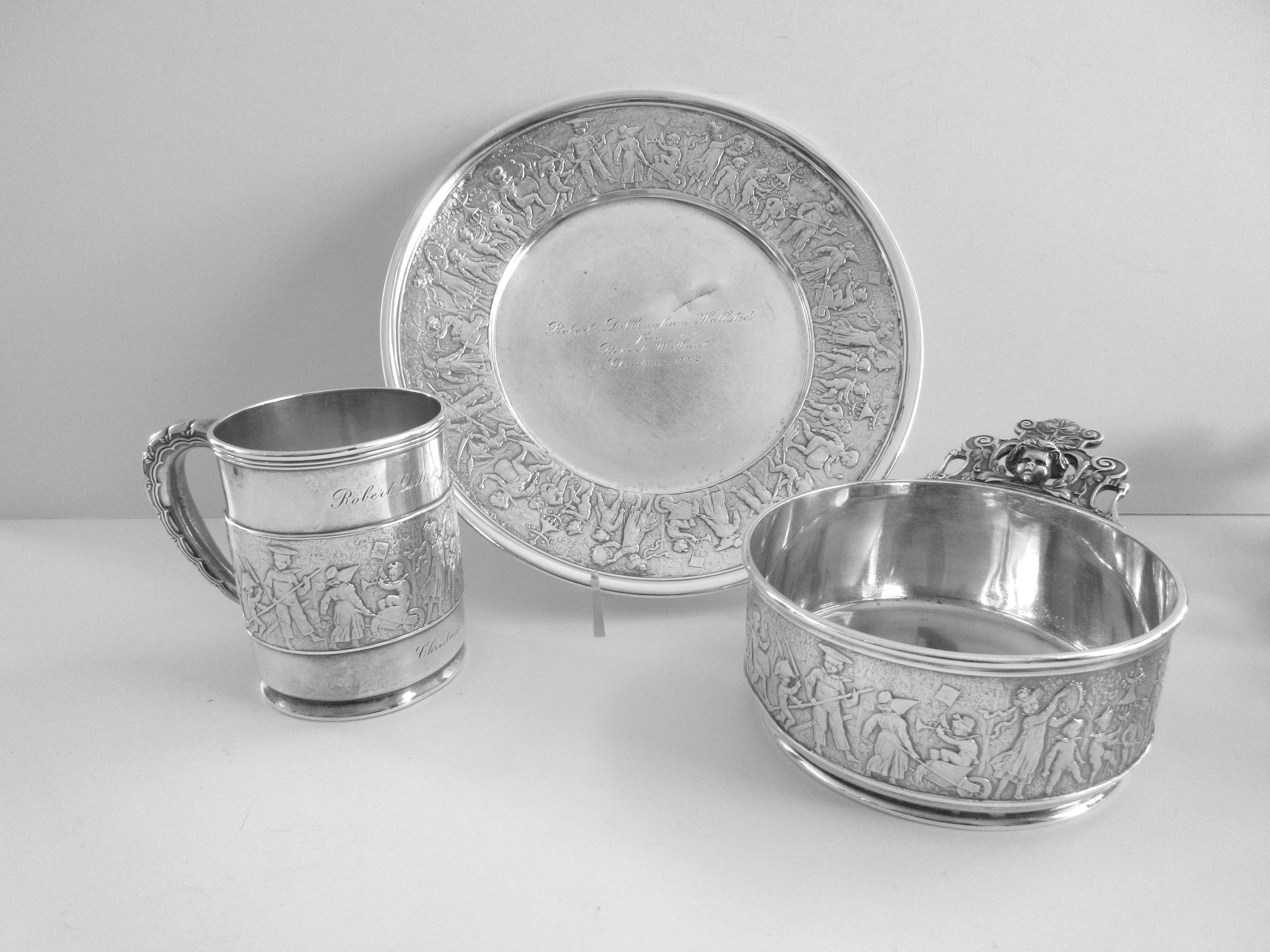 Tiffany & Co. Sterling Silver 3 Piece Childrens Set Plate Porringer Cup Raised Kids on Parade Item was a Christmas Gift 1902