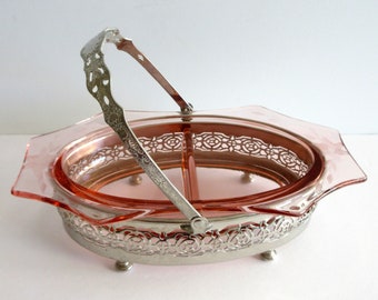 Vintage Divided Serving Dish Filigree Silverplate Pink Etched Glass Insert 2 section Silver Plated