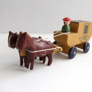 Vintage Wooden Horse Drawn Stagecoach with driver and team of 2 horses Figurine East Germany GDR