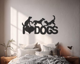 I Love Dogs Metal Wall Art, modern hondensilhouet kunstwerk, dierenliefhebber woondecoratie, schattig dierenmuurbord voor woonkamer, hal of kantoor
