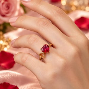 Red Heart Gemstone Ring, Gold Infinity Heart Ring, Romantic Gift for Her
