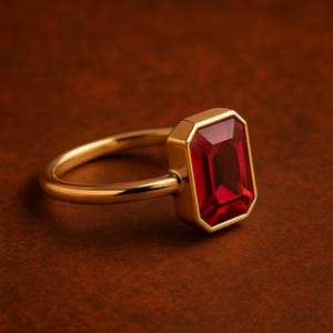 May include: A gold ring with a rectangular, deep red gemstone. The ring's band and setting are a polished gold color, and the gemstone is faceted. The ring is set against a brown background.