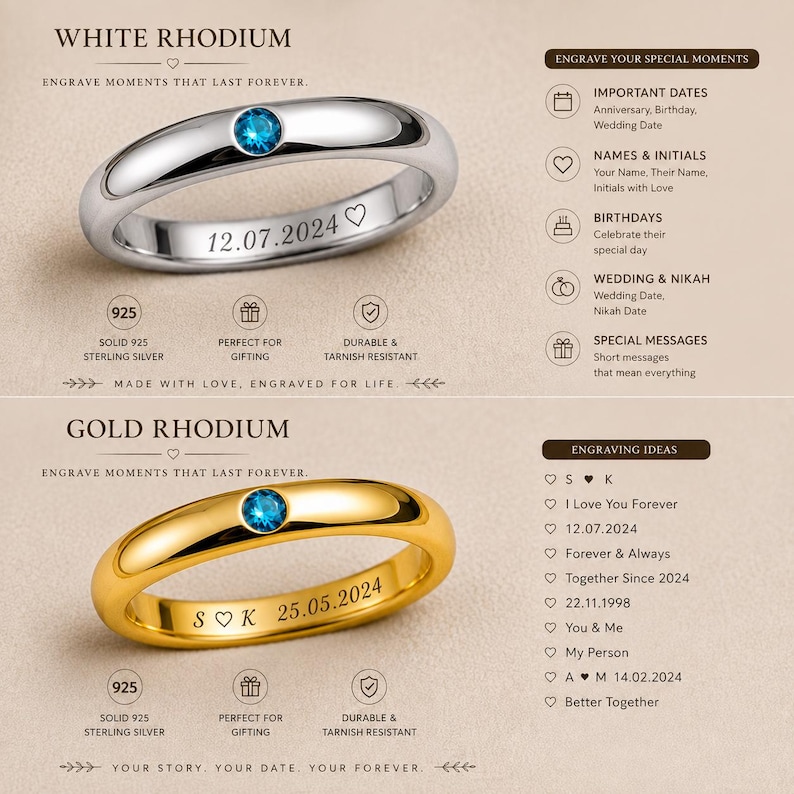 May include: Two rings with a single blue gemstone. The top ring is white rhodium with the engraving 12.07.2024 and a heart. The bottom ring is gold rhodium with the engraving S heart K 25.05.2024. Both rings are labelled as solid 925 sterling silver.