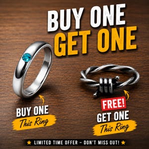 May include: A smooth silver-toned band ring featuring a single round blue gemstone and a twisted silver-toned ring resembling barbed wire. Text on the image reads: BUY ONE GET ONE, BUY ONE This Ring, FREE! GET ONE This Ring, LIMITED TIME OFFER.