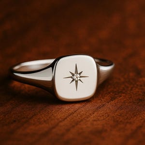 Solid 925 Sterling Silver North Star Signet Ring, Celestial Compass Jewelry, Minimalist Modern Style,