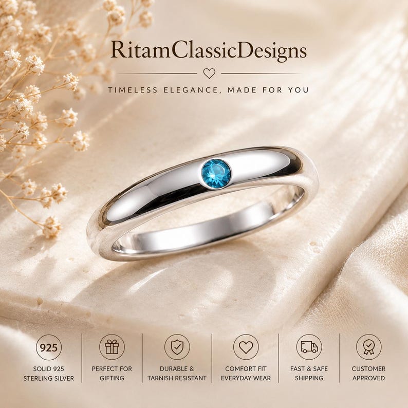 May include: A polished silver band ring featuring a single round, bright blue gemstone set in the centre. The text RitamClassicDesigns is visible at the top, with additional icons and text regarding 925 sterling silver at the bottom.