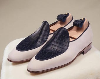 Męskie ręcznie robione, kremowo-czarne, skórzane mokasyny: buty wsuwane w stylu vintage