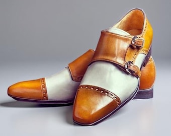 Buty mokasyny Goodyear Welted Double Monk Strap w kolorze jasnobrązowym i białym z noskiem