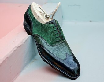 Handmade Men's Wingtip Oxford Shoes in Green Leather - Luxury Bespoke Footwear